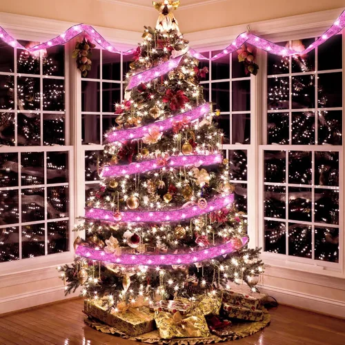 Vista 4 de Luces de cinta de Navidad 16.4 pies, cinta de árbol de Navidad con brillo, luces de cadena operadas a batería para interiores/exteriores