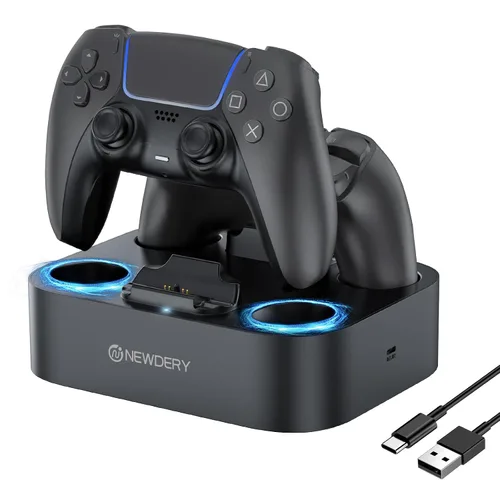 Vista 2 de NEWDERY PS5 Controller Charger Station, Fast Charging Dock for PlayStation 5 Controllers, Single Controller Charger Station + Dual Controller