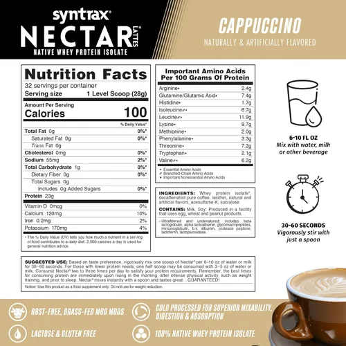 Vista 3 de Syntrax Nutrition Nectar Lattes, 100% proteína de suero aislado en polvo, capuchino, 2 libras