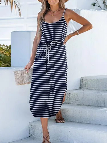 Vista 3 de CUPSHE Vestido midi para mujer, cuello redondo, sin mangas, con abertura, cordón, tirantes delgados, acampanado, vestido casual