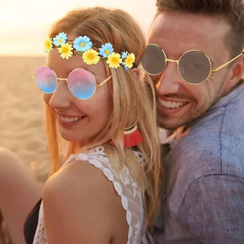 Vista 6 de TUPARKA Juego de 60 piezas de accesorios de disfraz de gafas hippie que incluye diademas multicolor de margaritas, gafas de sol hippie redondas