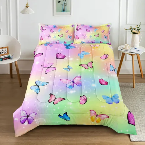 Vista 3 de Juego de edredón de tamaño individual con diseño de mariposa para niñas, suave microfibra cepillada con 1 edredón y 2 fundas de almohada, decoración