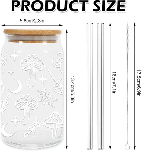 Vista 2 de Whaline Paquete de 2 vasos mágicos de hongos para beber vasos de 16 onzas con hojas de hongo, taza de café helado con tapa de bambú, cepillo