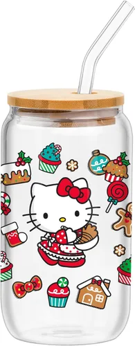 Vista 35 de Silver Buffalo Sanrio - Vaso de vidrio con tapa de bambú y sorbete de vidrio de fotos de Badtz-Maru, 16 onzas