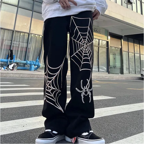 Vista 5 de Pantalones de mezclilla Y2K para hombre, estilo vintage, hip hop, holgados, rectos, tela de araña, con gráficos de estrellas, pantalones