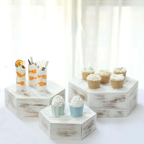Vista 13 de Efavormart - Juego de 3 pedestales de postre semicírculo de madera marrón rústica de 3 niveles, elevadores de exhibición de cupcakes de media luna
