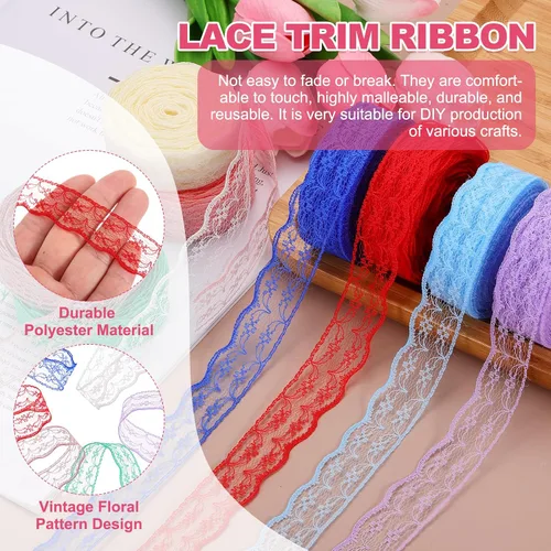 Vista 3 de MECCANIXITY 8 Yard Lace Trim Ribbon, 0.9 Inch Wide Vintage Floral Pattern Crochet Lace Edge Ribbon Trimming for DIY Sewing Crafts Gift Wrap Wedding