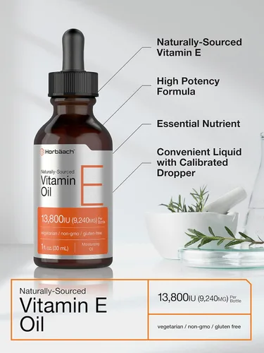 Vista 3 de Horbäach Aceite de vitamina E 13,800 UI 1oz para rostro y piel Suplemento líquido de origen natural Fórmula vegetariana, sin OMG y sin