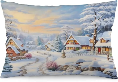 Vista 32 de Funda de almohada con escena de pueblo navideño con niños, fundas de almohada de 12 x 20 pulgadas, almohadas decorativas de Navidad para sofá, funda