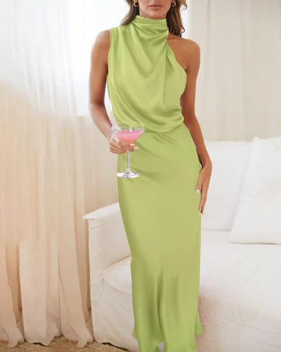 Vista 6 de BTFBM - Vestido largo de fiesta sin mangas para mujer, cuello alto falso, abertura de cerradura, cintura alta y elástica, para invitadas de boda