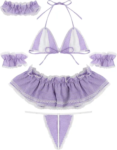 Vista 6 de Conjunto de lencería sexy para mujer, diseño de anime criada, color tartán