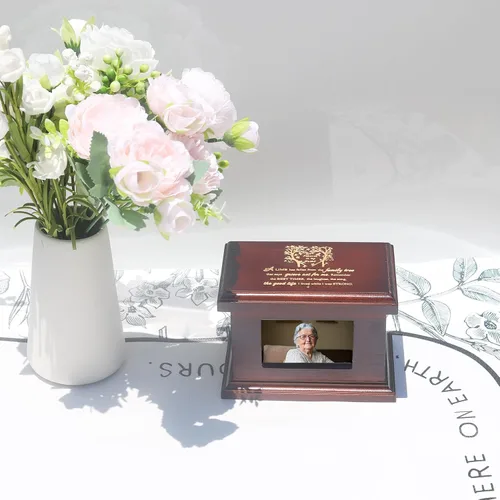 Vista 6 de Urnas Pequeñas de Madera de 5.5 Pulgadas para Cenizas, Urnas Memoriales Funerarias con Marco para Fotos, Urnas Pequeñas de Recuerdo, Cajas y Ataúdes