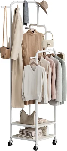 Vista 9 de Chrislley Pequeño Perchero de Ropa con Ruedas, Perchero Enrollable Portátil de 71" con 2 Estantes y 6 Ganchos, Perchero de Ropa de Metal Resistente