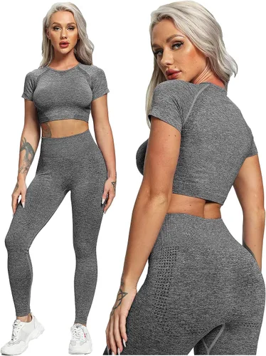 Vista 7 de YOFIT - Conjunto deportivo de 2 piezas leggings de yoga de cintura alta sin costuras y crop top con manga larga para mujer juego de ropa