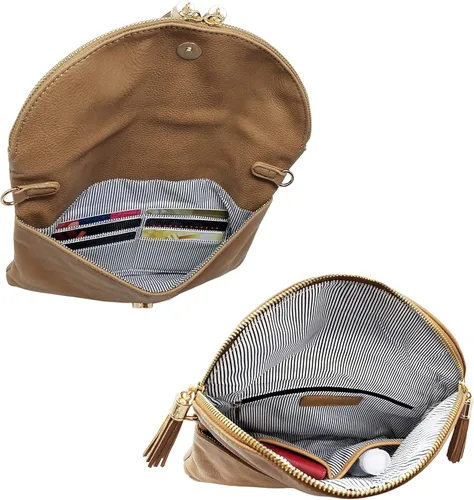 Vista 6 de Solene Bolso de mano envolvente para mujer, con múltiples compartimentos, 6 ranuras para tarjetas en el interior, bolso cruzado con borlas