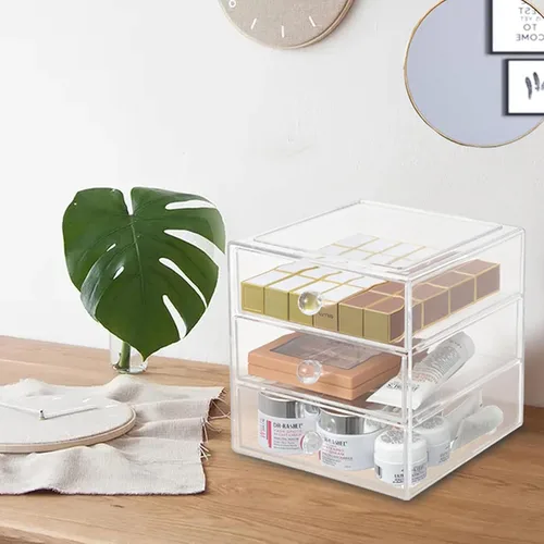 Vista 8 de AJIODA Caja organizadora de cajones de maquillaje con 3 cajones, vitrina de acrílico para cosméticos, organizador de tocador, caja de almacenamiento