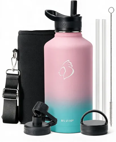 Vista 35 de BUZIO Botella de agua de 32 onzas aislada con popote y 3 tapas y bolsa de transporte, a prueba de fugas, frasco jarra de agua de acero inoxidable
