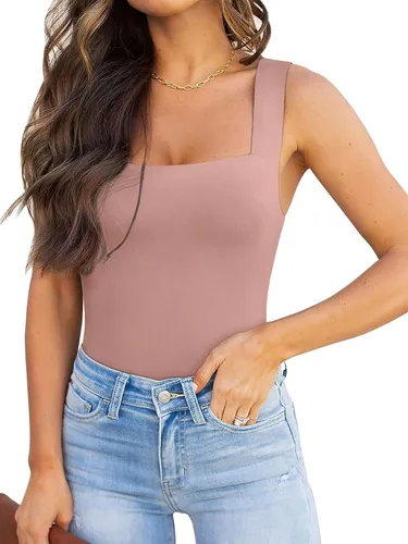 Vista 61 de Reoria - Camiseta sin mangas sexy tipo body con escote cuadrado para mujer, ropa para discoteca