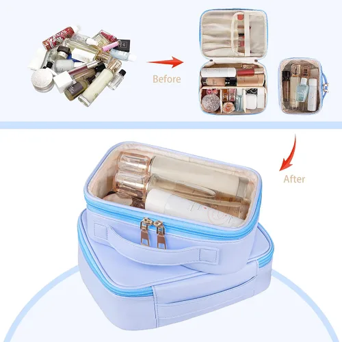 Vista 4 de Bolsa de maquillaje, 2 bolsas de cosméticos de piel sintética, estuche de maquillaje portátil de viaje, organizador de maquillaje grande con bolsa