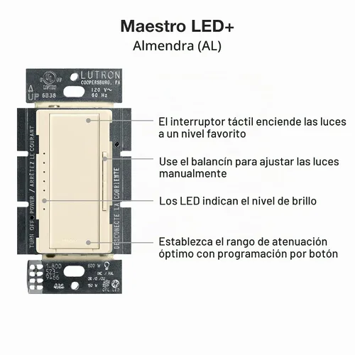 Vista 10 de Lutron Maestro LED+ Interruptor regulador de intensidad para bombillas LED regulables, halógenas e incandescentes, 150W/150W/unipolar o Almendra