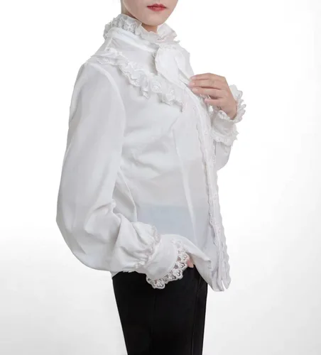 Vista 4 de Blusa victoriana para mujer, estilo gótico, Lolita, renacentista, vintage, manga larga, con volantes de loto