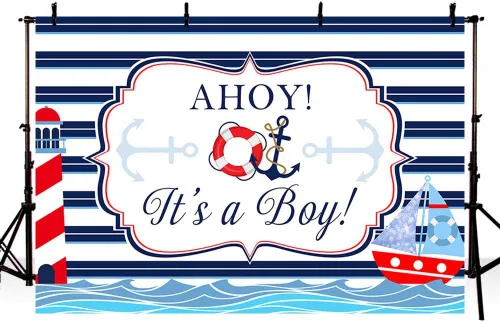 Vista 3 de MEHOFOND Ahoy It's A Boy - Telón de fondo náutico para decoración de baby shower, fondo de rayas azul marino, ancla de faro de mar rojo, suministros
