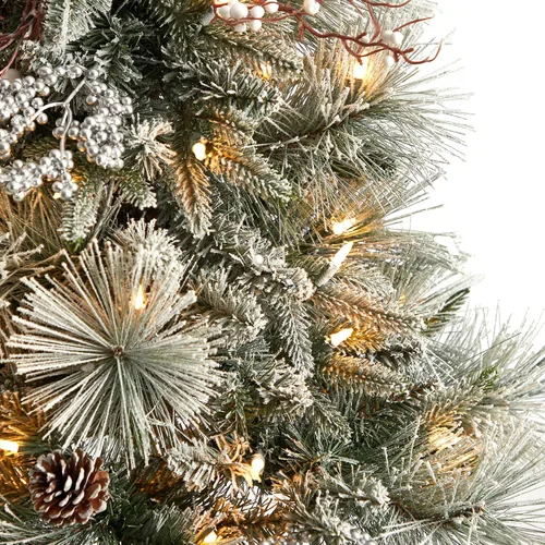 Vista 4 de Nearly Natural Árbol de Navidad artificial flocado de 5 pies con 100 luces LED y 186 ramas flexibles en urna decorativa