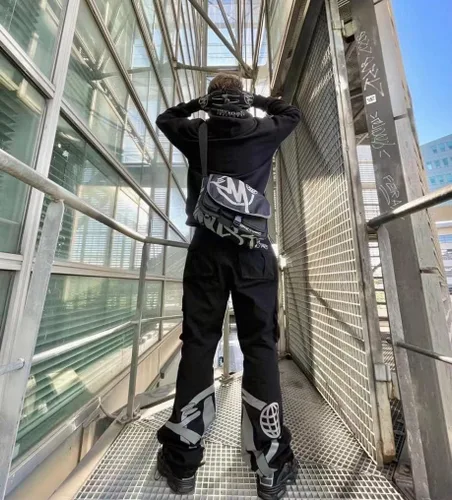 Vista 8 de KOBPT Minus Two - Pantalones cargo para hombre Y2K, overoles de cintura alta, pantalones holgados de hip hop rock, pantalones deportivos sueltos