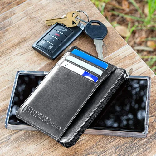 Vista 4 de ID STRONGHOLD - Cartera con bolsillo frontal RFID, mini, minimalista, delgada, de piel auténtica con cremallera, Negro