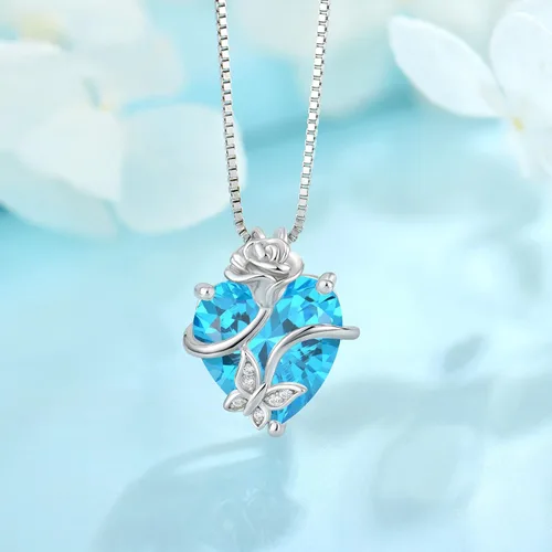 Vista 2 de FJ Collar de plata con piedra preciosa de mariposa infinita para mujeres y damas, joyería de flores y mariposas con piedra natal