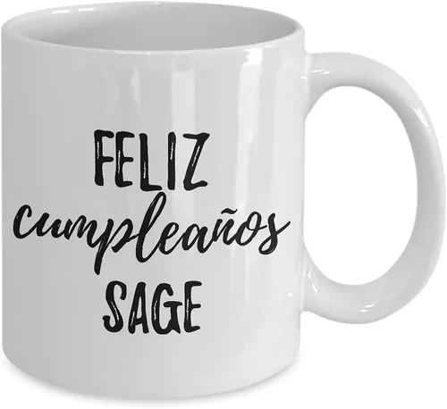 Vista 2 de Feliz Cumpleanos Sage Mug Spanish Happy Birthday Personalized Name Gift Coffee Tea Cup 11 oz
