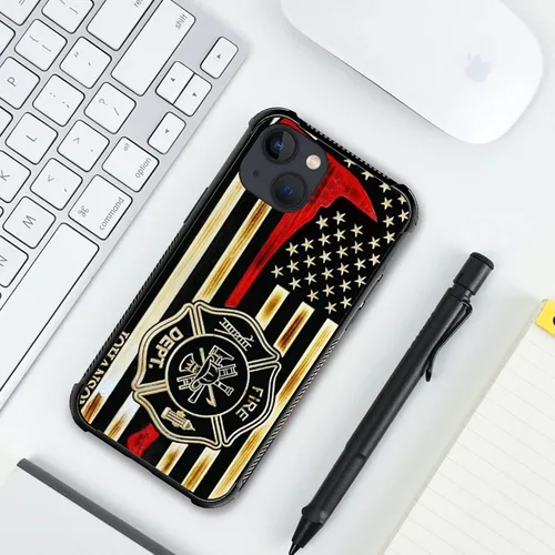 Vista 5 de ZHEGAILIAN Funda compatible con iPhone 14, funda de madera con bandera de hacha de bombero, parte trasera de vidrio templado + funda protectora