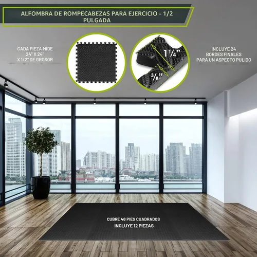Vista 2 de ProsourceFit - Tapete de ejercicio tipo rompecabezas de ½ pulgada, losetas de espuma EVA entrelazadas para gimnasio en casa, para niños, negro, 24 x
