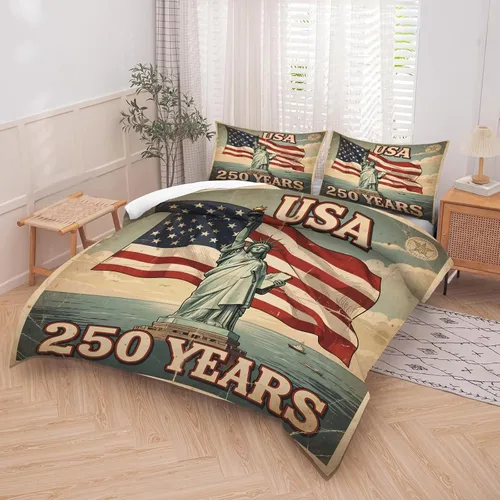 Vista 3 de kxry Juego de edredón de 250 años de Estados Unidos, tamaño individual, ropa de cama vintage de estatua de la libertad y bandera estadounidense