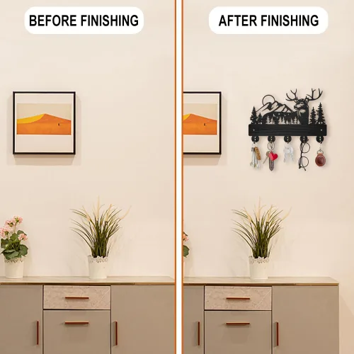 Vista 8 de MAYJOYDIY Perchero de pared de madera con 5 ganchos, diseño de ciervo de bosque negro, soporte para llaves y organizador para entrada, pasillo, sala