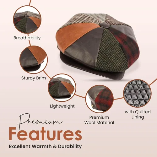 Vista 3 de Hombres de lana Newsboy Cabbies Otoño Invierno Clásico Patchwork Plaid Apple Cap Golf Sombrero Multicolor