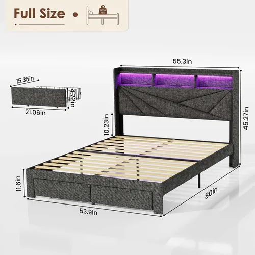 Vista 2 de Driftalia Base de cama de tamaño completo con cabecera de almacenamiento de 2 niveles, base de cama de tamaño completo tapizada con 2 cajones