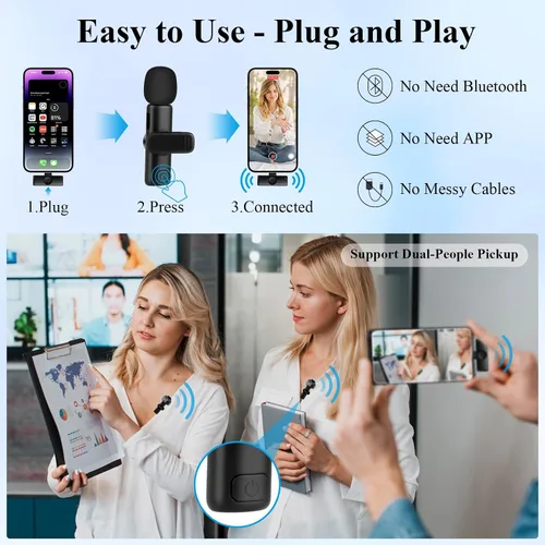 Vista 5 de Paquete de 2 micrófonos Lavalier inalámbricos profesionales para iPhone para iPad, calidad de sonido nítida con reducción de ruido, micrófono