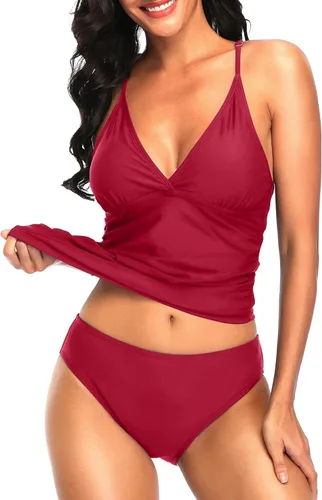 Vista 3 de Holipick Conjunto de tankini de dos piezas con control de abdomen para mujer, con cuello en V, tankini con parte inferior