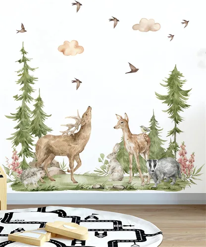 Vista 4 de Calcomanías de pared grandes de alce sika con alce de bosque, selva tropical, selva tropical, animales de selva, conejo, tejón, erizos, vinilo