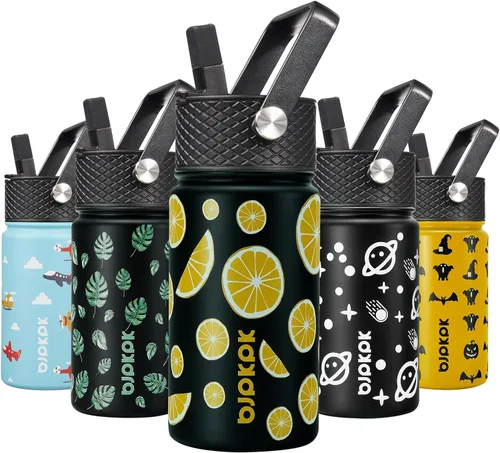 Vista 92 de BJPKPK Botella de agua con tapa con pajilla, botella de agua aislada de 15 onzas, botellas de agua de metal de acero inoxidable, termo reutilizable