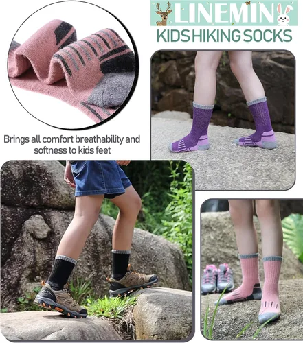 Vista 3 de LINEMIN Calcetines de senderismo de lana merino para niños y niñas, cálidos, gruesos, térmicos, acolchados, para invierno, 6 pares