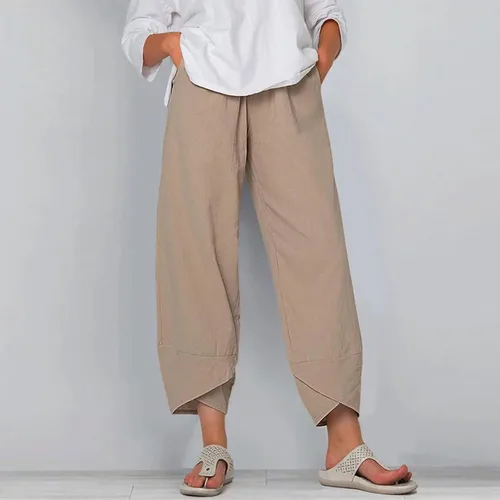 Vista 2 de NIANTIE Pantalones de lino para mujer, estilo casual, holgados, capri, cintura elástica, pantalones de verano recortados de pierna ancha con bolsillo
