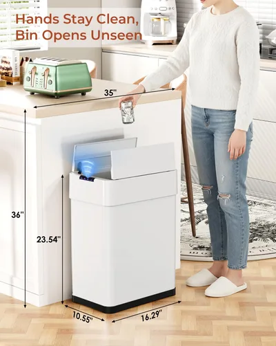 Vista 7 de TLSUNNY Basurero automático de 13.2 galones, de acero inoxidable, con sensor de movimiento, cubo de basura inteligente con tapa de mariposa, anillo