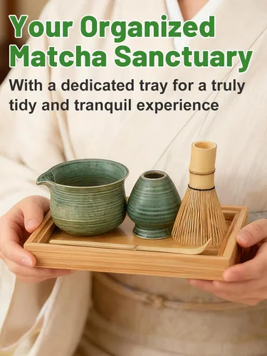 Vista 3 de Juego de batidor de matcha con bandeja de bambú, cuenco con boquilla, batidor y soporte, cuchara de bambú, tamiz, kit de matcha japonés, regalo