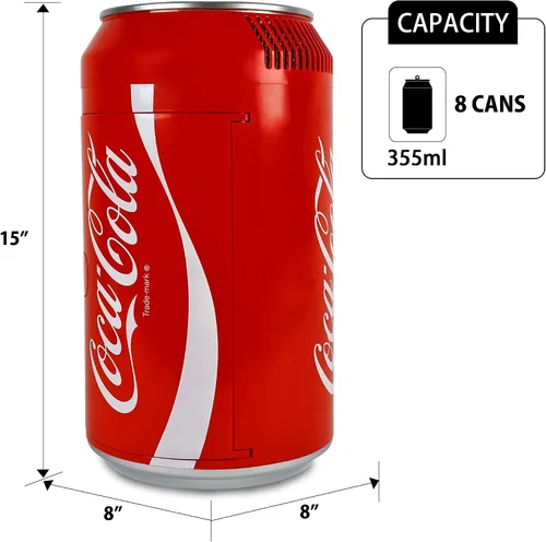 Vista 8 de Coca Cola Mini Refrigerador - Refrigerador para Dormitorio, Oficina, Enfriador de Bebidas Portátil de Mesa, Refrigerador de 12V 220V para Bebidas