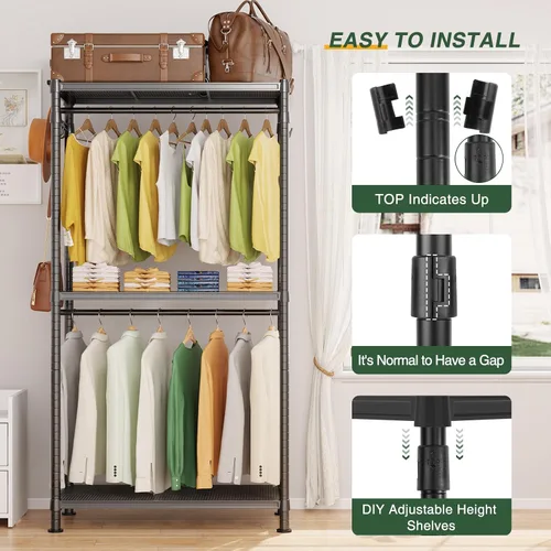 Vista 4 de LEHOM G1 Perchero resistente de ropa, perchero enrollable de 3 niveles para colgar ropa, perchero ajustable de alambre con estantes