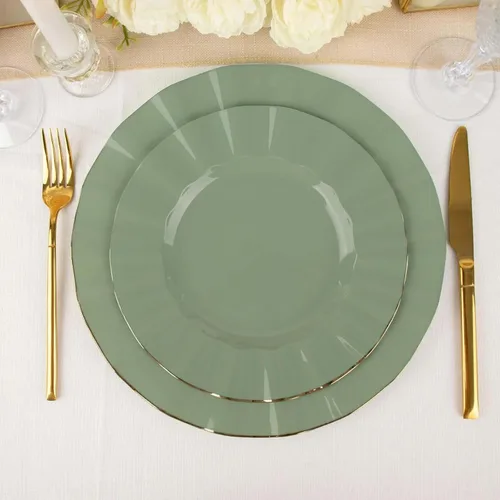 Vista 103 de Tableclothsfactory Paquete de 10 platos redondos de plástico negro de 6 pulgadas para ensalada de postre, platos desechables con borde ondulado