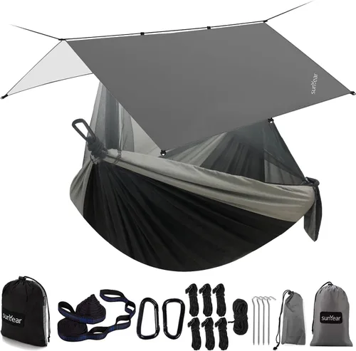 Vista 8 de Sunyear Hamaca para acampar con lona y red para mosca de lluvia, hamaca portátil para campamento, hamaca doble árbol, hamaca para exteriores