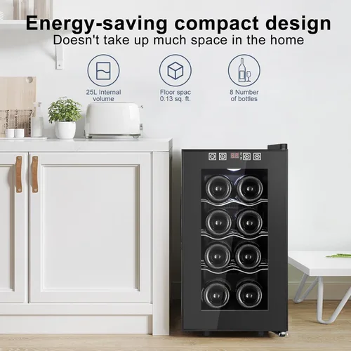 Vista 3 de Refrigerador Enfriador de Vinos de 8 Botellas, Refrigerador Pequeño de Vino, Mini Refrigerador de Vino de Encimera con Puerta de Vidrio, Bodegas
